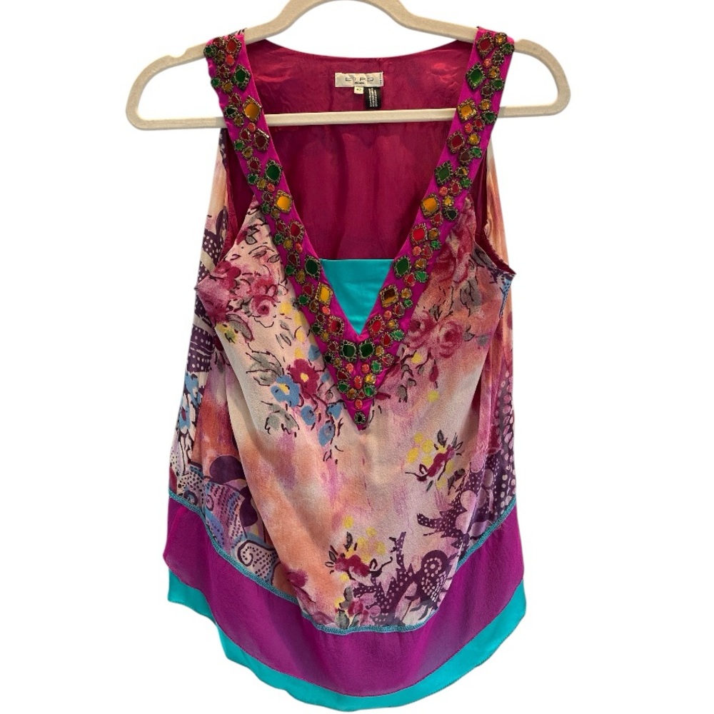 Etro Multicolor Embellished V-Neck Floral Silk Tank - Fuchsia, Teal, Pink
